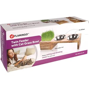 Dobbel skål Lela  m/kattegress, laget i tre og stål